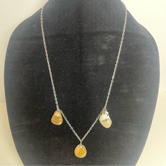 Triple Agate Stone Pendant Necklace on Silver Tone Chain - Picture 1 of 6